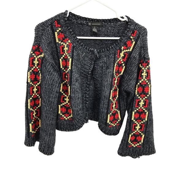 Inc International Concepts Boho Gray Embroidered Cropped Cardigan Sweater Sz M - Picture 1 of 3